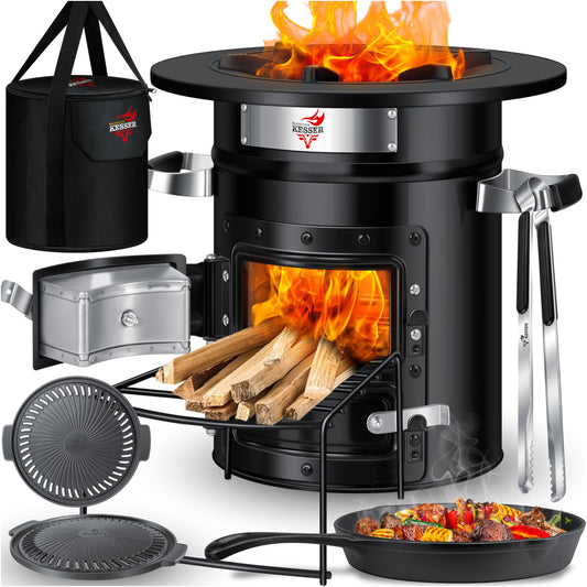 KESSER® Rocket Stove incl. cast iron grill pan, grill plate, tongs & carrying bag | Dutch Oven BBQ Rocket Wood Stove Camping | Outdoor Camping Cooker Camping Grill Stainless Steel Black