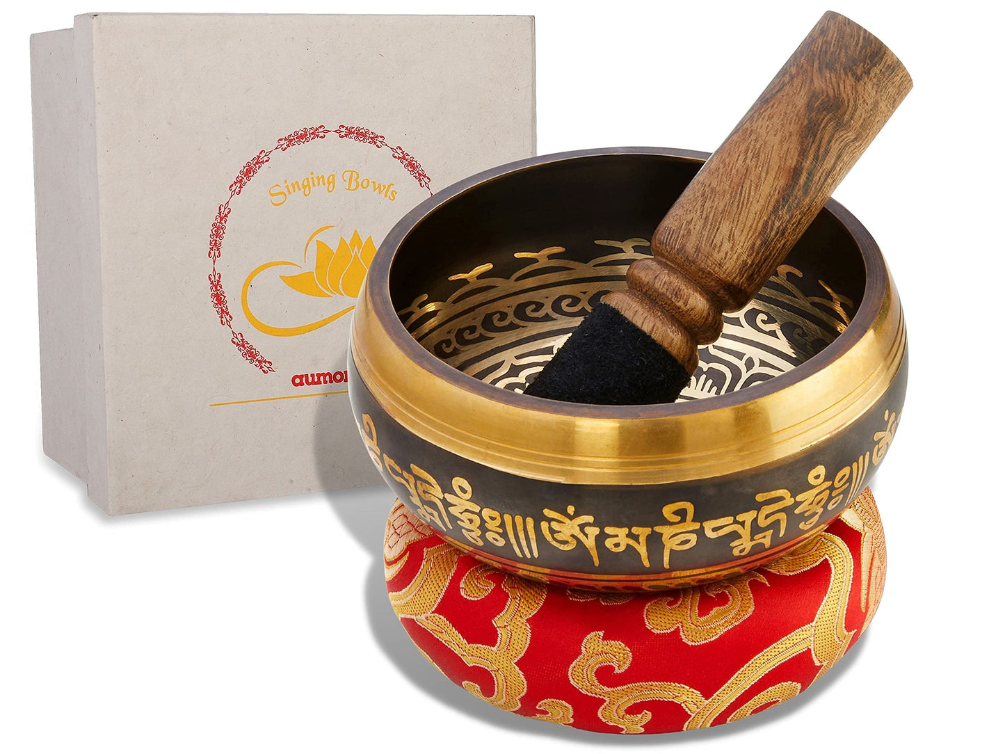 Tibetan Singing Bowl set with mallet and cushion in Lokta paper gift box. Singing Bowl from Tibet.