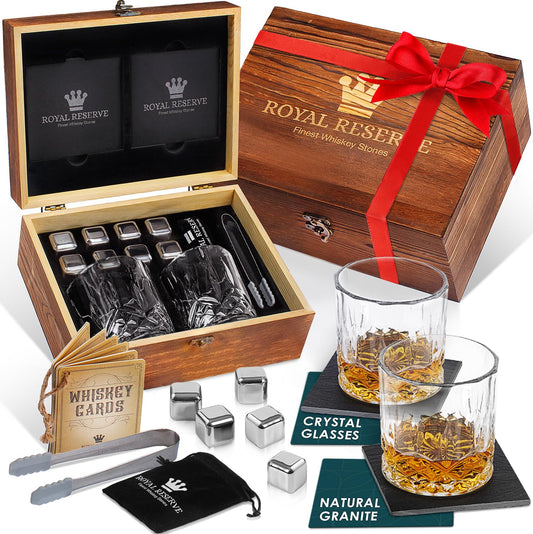 Whiskey gift set: Whiskey glasses, stones, tongs, coasters, wooden box, velvet bag, history and recipe cards - accessory set, gift for men, husband, friend, by Royal Reserve.