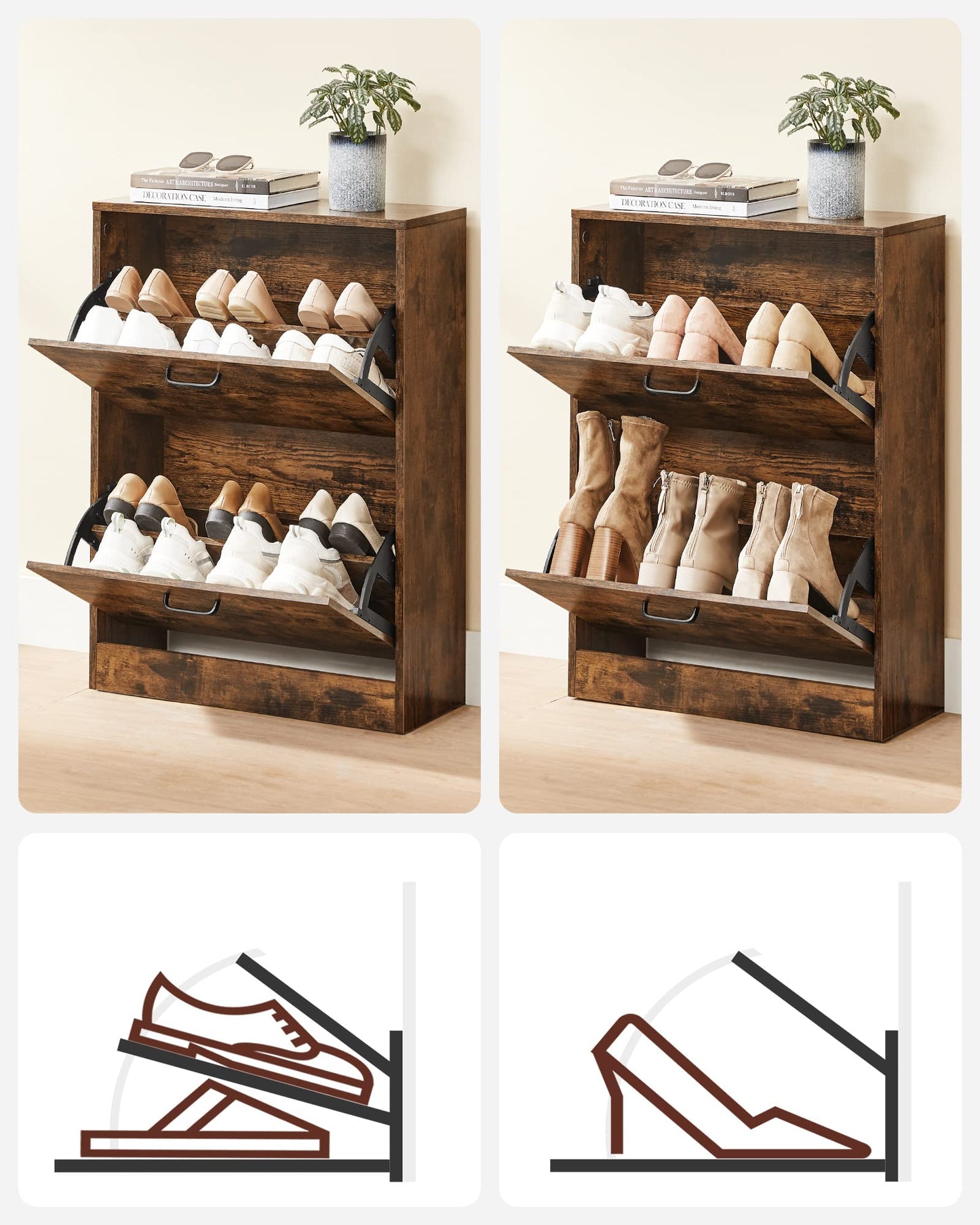 VASAGLE shoe cabinet with 2 flaps, shoe rack, adjustable and removable partitions, for 12 pairs of women's shoes or 8 pairs of men's shoes, small hallway, 60 x 24 x 83.5 cm, vintage, dark brown LBC02BX.