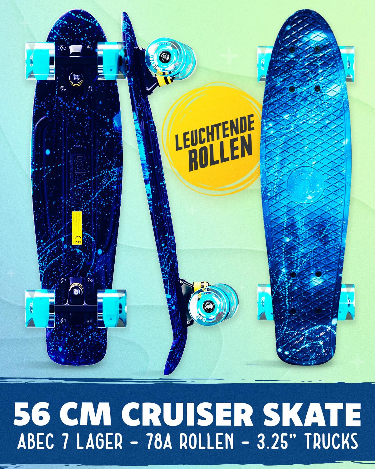 Deleven skateboard with carrying bag, LED wheels, skate tool, and ABEC 7 bearings - for kids, adults, and beginners - 56 cm