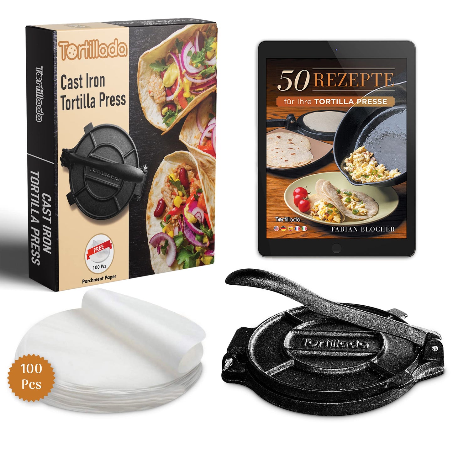 Tortilla press made of cast iron + E-book with 50 tortilla recipes + 100 x parchment paper (25cm)