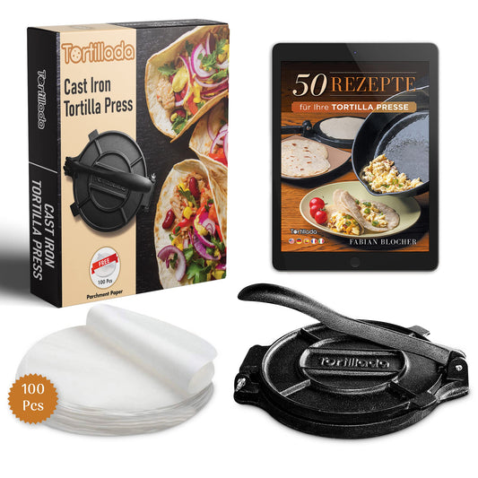 Tortilla press made of cast iron + E-book with 50 tortilla recipes + 100 x parchment paper (25cm)