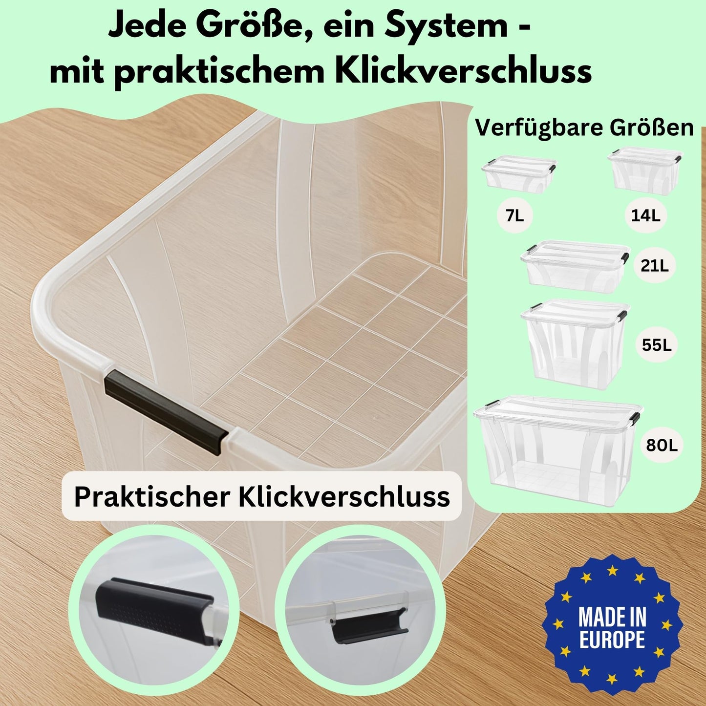Storage boxes with lid, 7L 14L 21L 32L 55L 80L plastic boxes with click closure stackable boxes 1/3 sets food-safe transparent household & HVAC purchase block (3-set 32-liter & 1x HVAC purchase block)
