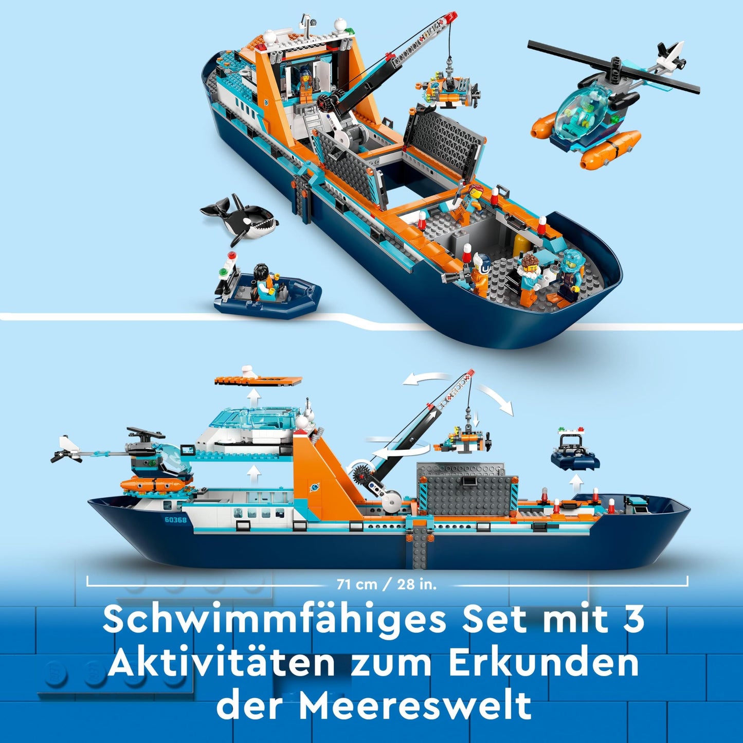 LEGO City Arctic Research Vessel, large floating toy boat with helicopter, dinghy, ROV submarine, Viking shipwreck, 7 minifigures & orca figure, gift for kids aged 7 and up 60368