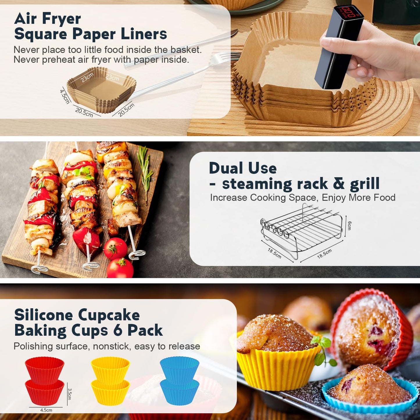 Hot Air Fryer Accessories 19-23cm, Square Airfryer Accessories for Ninja, Philips, COSORI, Russell Hobbs, Tefal, Cecotec 4.5L-8L, With Grill Rack Silicone Mold Airfryer Parchment Paper