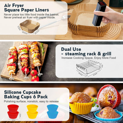 Hot Air Fryer Accessories 19-23cm, Square Airfryer Accessories for Ninja, Philips, COSORI, Russell Hobbs, Tefal, Cecotec 4.5L-8L, With Grill Rack Silicone Mold Airfryer Parchment Paper