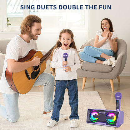 Karaoke Machine for Adults and Kids with 2 UHF Wireless Microphones, Portable Bluetooth Singing Speaker, PA System with Disco Lights, Cell Phone Holder for Home, Party, Picnic (Purple)