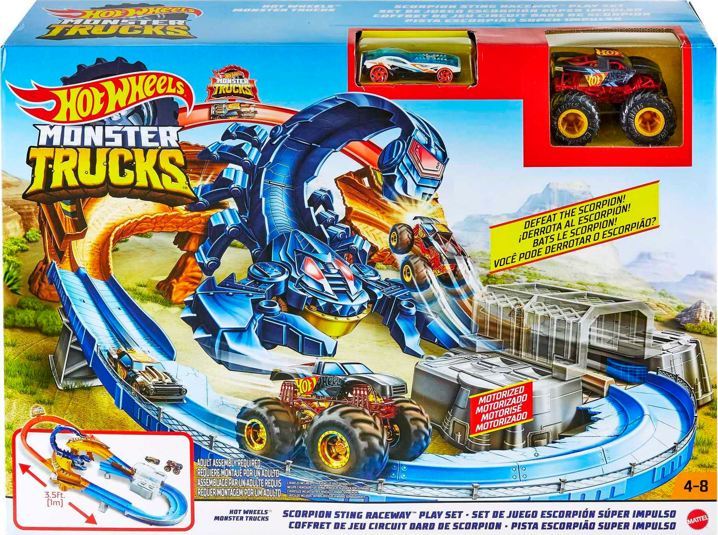 Hot Wheels GTL33 - Monster Trucks Scorpion Accelerator Track Set with monster truck and Hot Wheels vehicle, featuring a giant scorpion as the archenemy, for ages 4 and up.