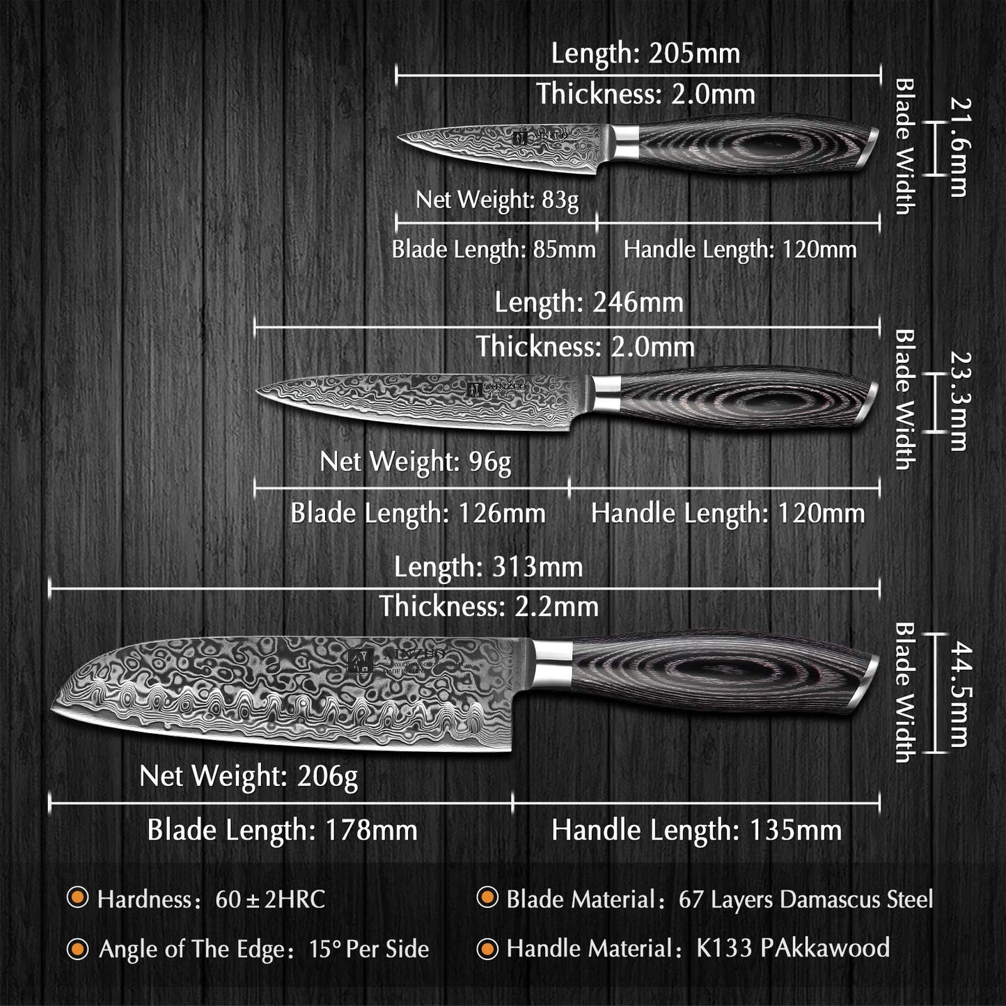 XINZUO 5 Piece Kitchen Knife Set 67 Layers Damascus Steel Chef Knife Set, Professional Forged Damascus Knife Set Sharp Blade Cooking Knife Set - Chef Santoku Slicing Utility Fruit Knife - PakkaWood Handle