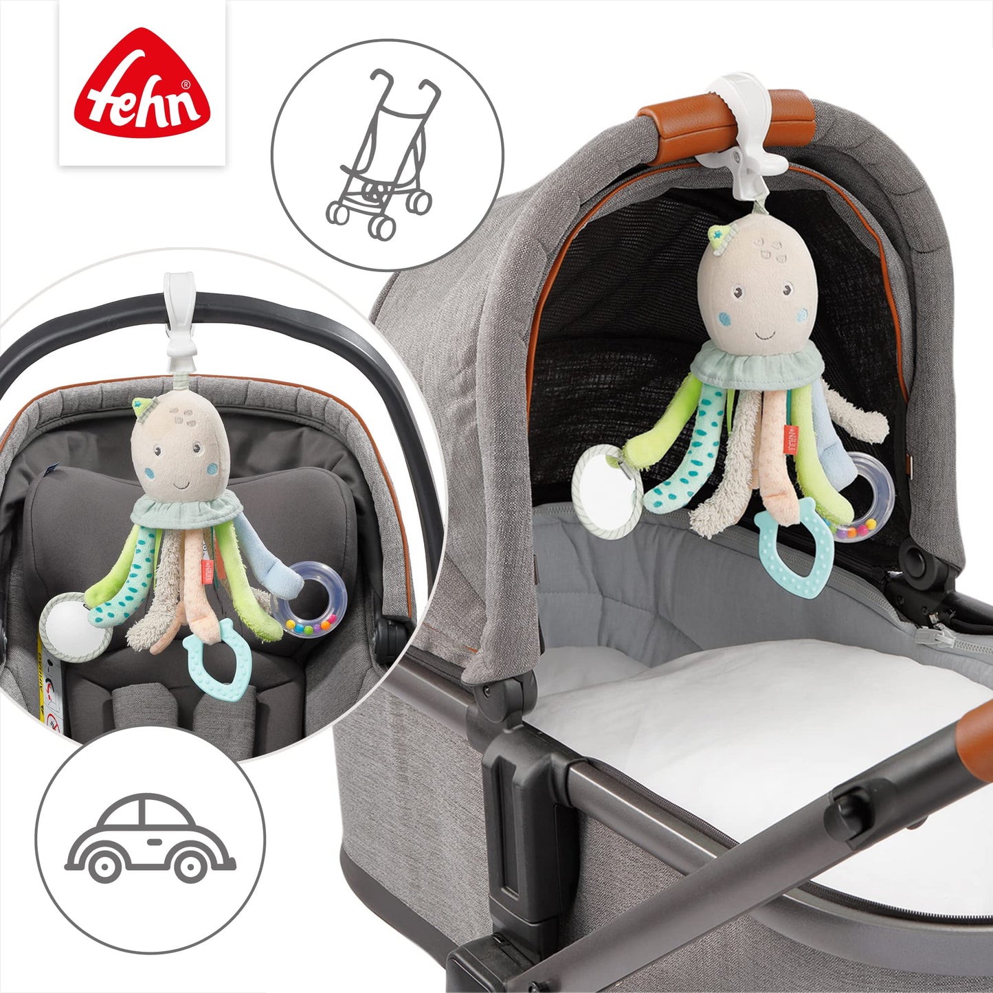 Fehn Activity Octopus Toy - Baby motor skills toy for strollers, cribs, and car seats for biting, grabbing, and making noise - Teething toy for babies and children aged 0+ months.