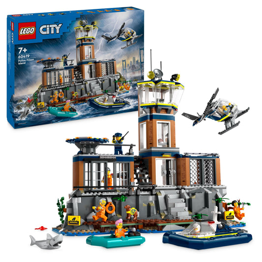 LEGO City Police Station on the Prison Island, police toy with helicopter & City Police Station with police car, garbage truck and helicopter.