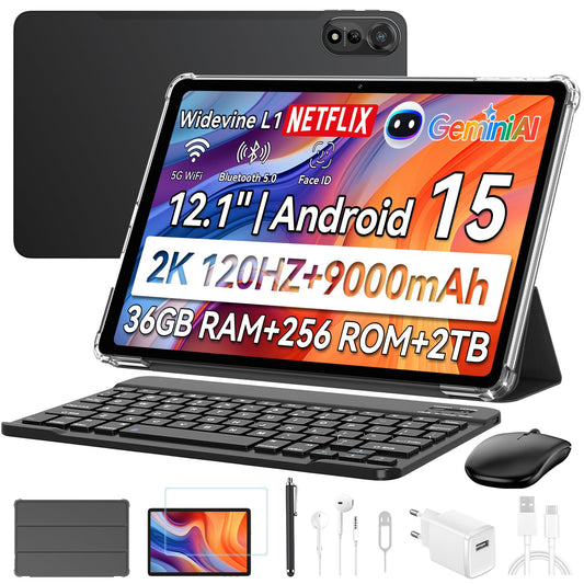 Blackview Mega2 Android 15 Tablet 12 inch, 36GB RAM+256GB ROM, 2K FHD Gaming Tablet with Keyboard Mouse Pen Headphones, 4G LTE+5G WiFi, 9000 mAh, WideVine L1, Dual Camera, Face ID, GPS, Case