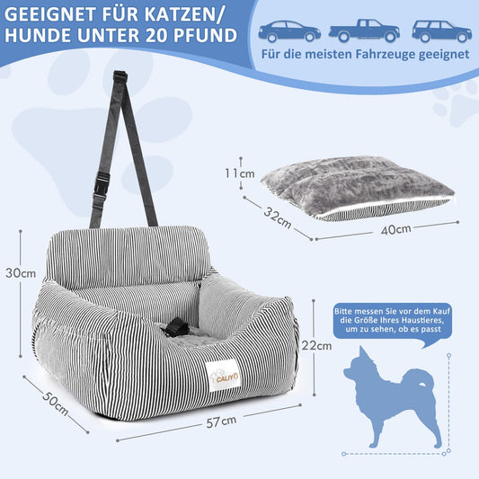 CALIYO dog car seat with sturdy base & safety belt | dog car seat for small up to 10 kg | memory foam seat cushion | waterproof, washable dog basket with storage bag (black/white)