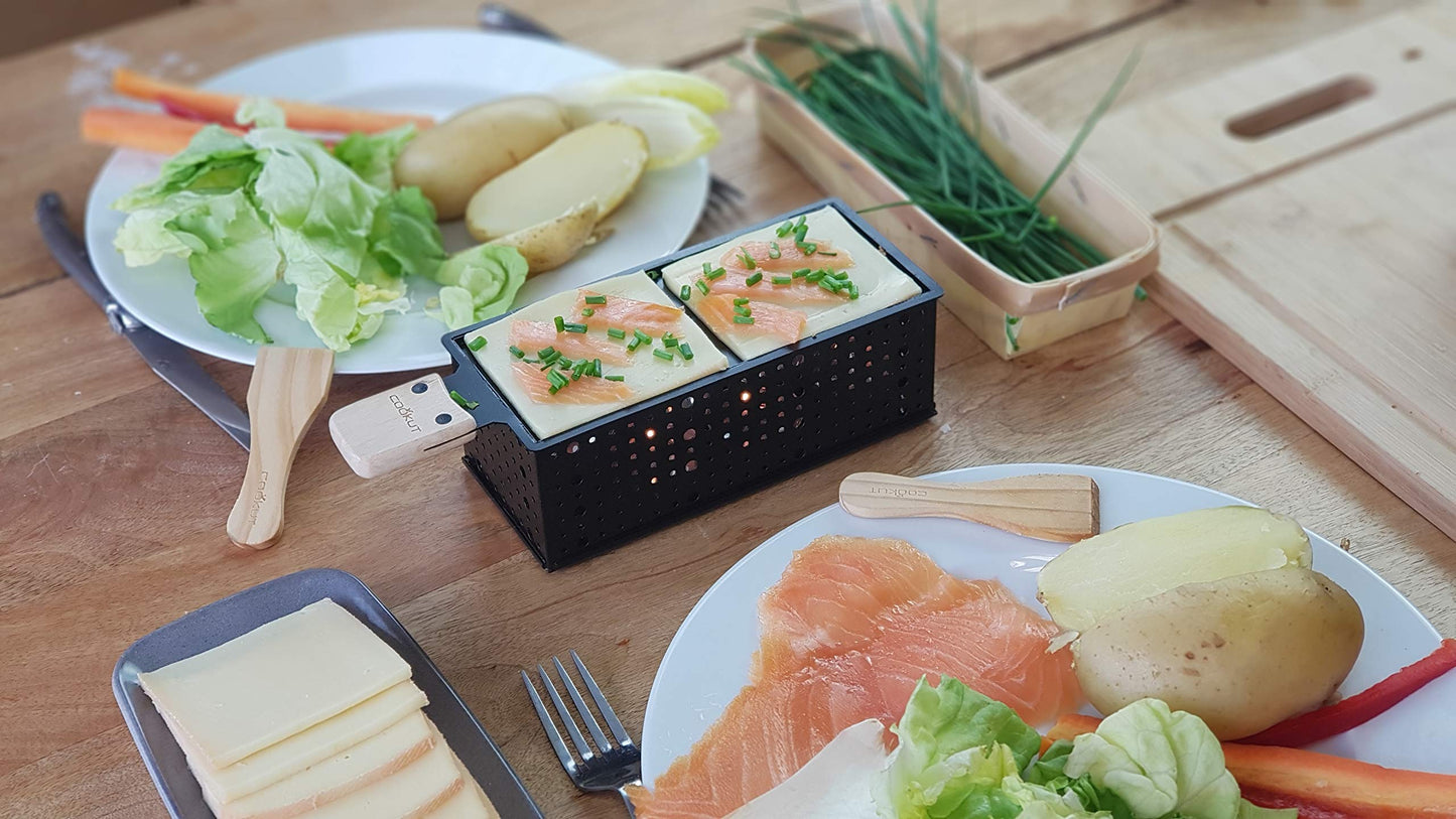 COOKUT - Lumi gift set - Raclette and cheese fondue with candle - Raclette in 3 minutes, prepare fondue in 5 minutes - Raclette night, cheese fondue, picnic - wooden spatula - black