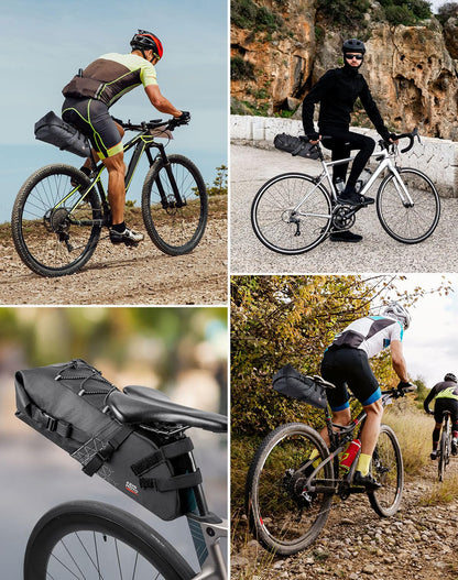 KEMIMOTO Bike Saddle Bag 11L, 100% waterproof bicycle seat bag for road bike, E-bike, and mountain bike, with attachment straps for mounting.