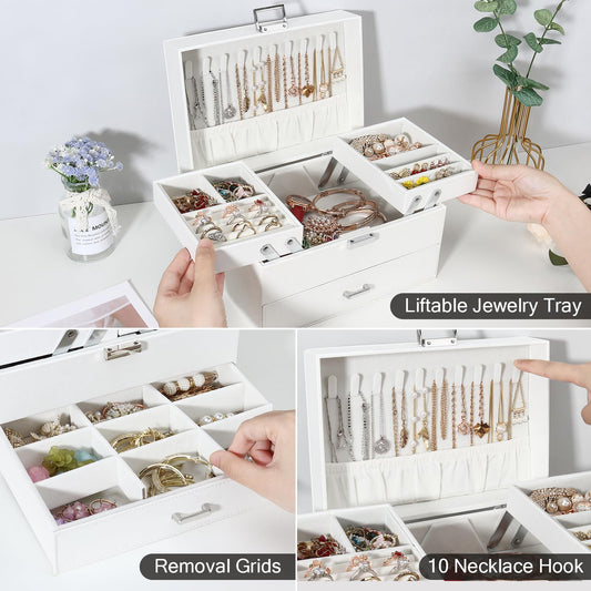 Jewelry box, jewelry case with drawers for women girls, PU leather jewelry box jewelry box jewelry case large jewelry storage for rings earrings bracelets necklaces, white.