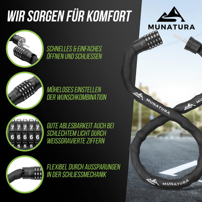 MUNATURA Bike Lock Combination Lock [100cm] - High Security Bike Lock - Bicycle Combination Lock - Bike Lock also perfect as E-Bike Lock