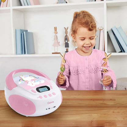 mooov 477407 CD player for kids with speakers, USB, headphone jack, AUX-IN port - Portable boombox CD player - Mains or battery operated - Unicorn design - Pink/white