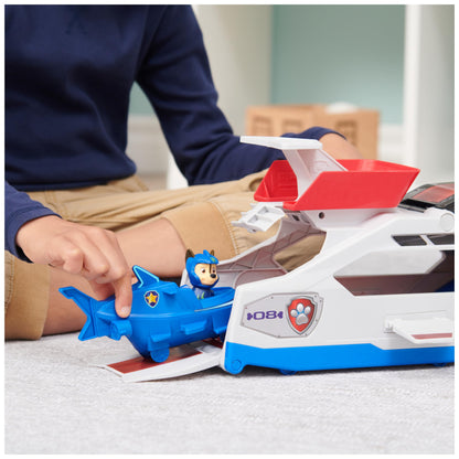 PAW Patrol, Aqua Pups - Whale Patroller, team vehicle featuring Chase's base vehicle and puppy figure, launcher for base vehicle, suitable for children aged 3 years and up.