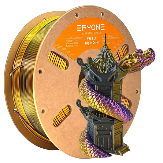 ERYONE Tricolor Silk PLA Filament 1.75mm, Silky Multicolor PLA Filament for 3D Printers +/- 0.03mm, Co-Extrusion Silk PLA Filament 1kg/spool, Gold & Purple & Black