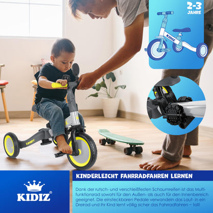 KIDIZ® 6in1 Balance Bike Tricycle | Suitable for children from 1 to 5 years | Supports up to 25kg | Includes handlebar, safety bar, seatbelt, bell, and mirror | Grey color