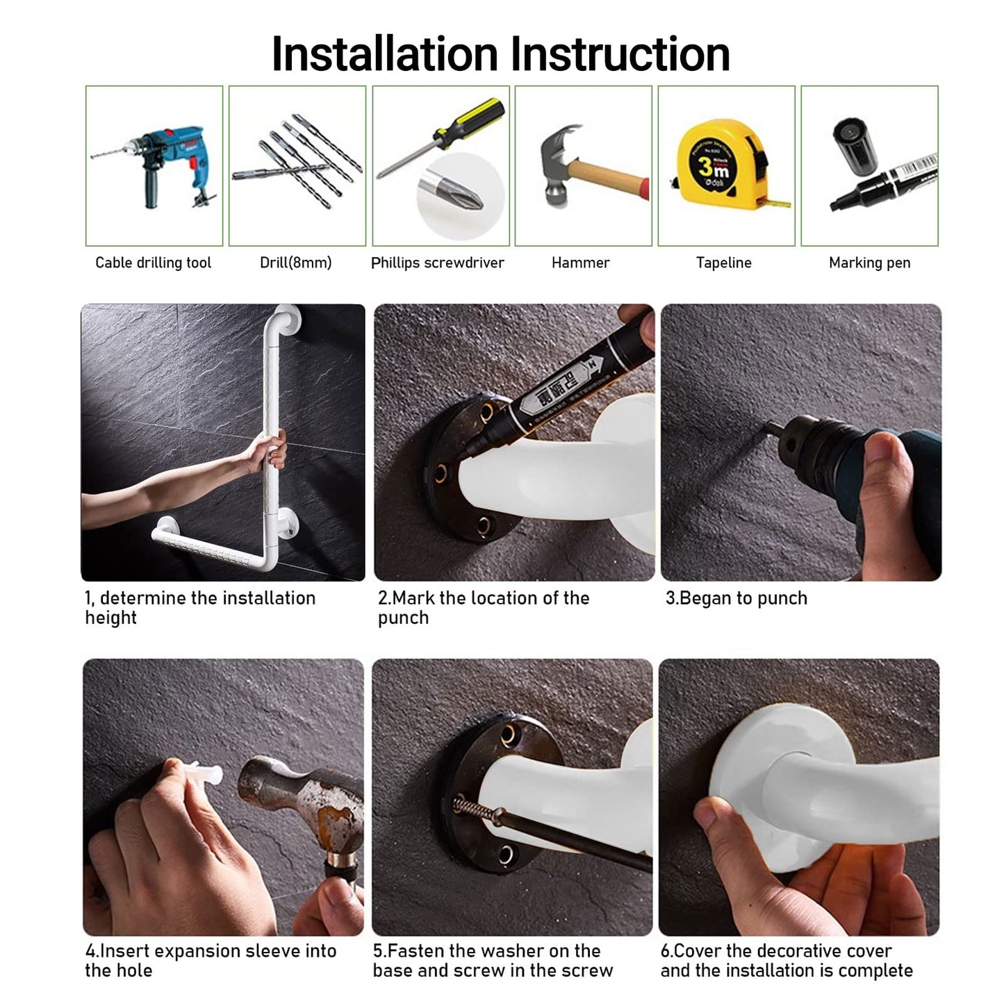 Shower Grab Bar, 60*40cm Safety Handle for Seniors, L-shaped Bathroom Safety Bar for Bathtub Wall Mount Grab Bar for Bathroom Toilet Stair Handrail