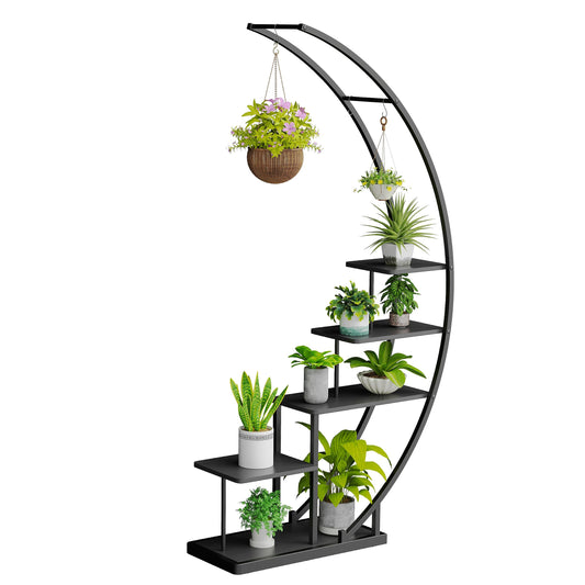 Rebel 5-tier metal plant stand in crescent shape 172cm, plant shelf with 5 shelves & hooks, tall flower stand plant ladder with anti-tip for balcony living room terrace (1 piece, black)