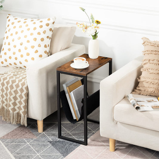 HOOBRO Slim End Table, Nightstand with Fabric Magazine Holder, Coffee Table Suitable for Small Spaces, Bedroom, Living Room, Office, Dark Brown EUBF66BZ01