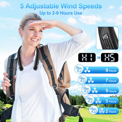USB Fan Neck Battery Quiet Strong with LCD, Neck Fan Portable Small 5 Levels 360° Adjustable, Neck Fans Rechargeable Mini Neck Fan for On the Go Travel Camping Office Black