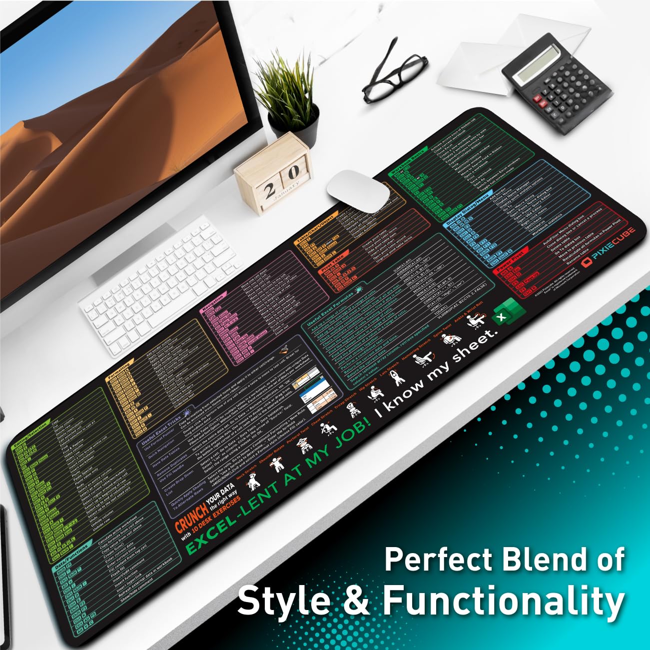 Pixiecube Excel shortcut keys mousepad, extended large XXL cheat sheet, gaming mousepad, PC office spreadsheet, keyboard mat, non-slip stitched edges.