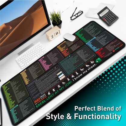 Pixiecube Excel shortcut keys mousepad, extended large XXL cheat sheet, gaming mousepad, PC office spreadsheet, keyboard mat, non-slip stitched edges.