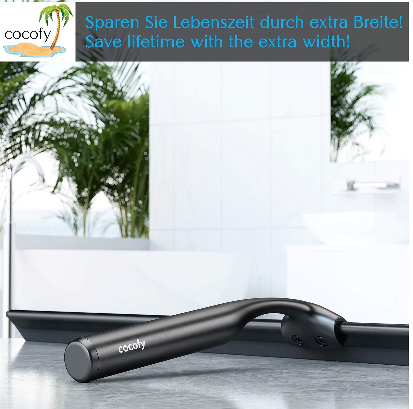 Cocofy shower squeegee black matte wide XXL 45 cm without drilling for shower, tiles with hooks, replacement rubber, microfiber cloth whip shower shower wall squeegee shower cabin squeegee shower squeegee