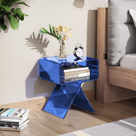 solaround Acrylic Nightstand Side Table, Modern Design Clear Home Decor Display End Table (Dark Blue)