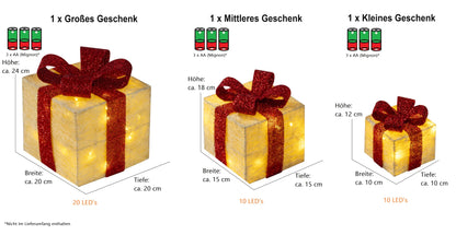 Bambelaa! 3er LED decorative gift light boxes with timer Christmas decoration illuminated Christmas decoration (Yellow)