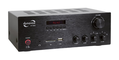Dynavox VT-80 stereo compact amplifier in black, screwable connection terminals for 4 speakers, remote control functions only for digital inputs (USB, SD card), integrated BT antenna.