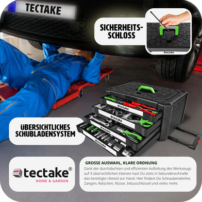 tectake® Tool Set in Aluminum Case, Tool Box filled 899 pcs., Tool Cart on wheels, Trolley with 4 drawers, Telescopic handle, Large Tool Box for professionals and household - black