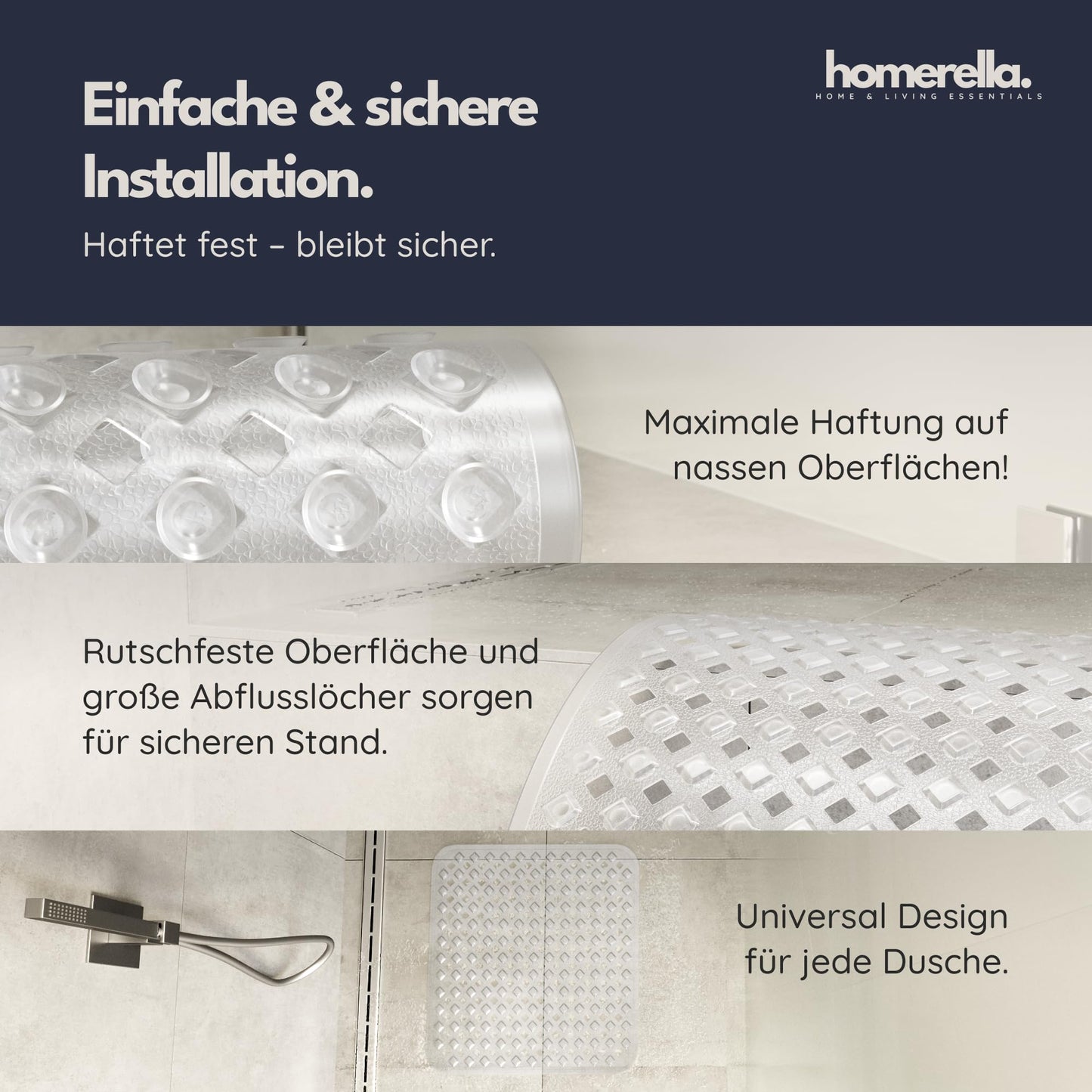homerella© Non-Slip Shower Mat 53x53cm, INCLUDES HOOK, Anti-Slip Shower Mat, mold-resistant & washable, Shower Tray Insert, Shower Mat, Shower Mat, Non-Slip Bath Mat