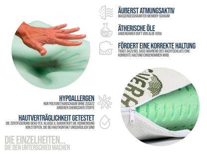 Memory Foam Pillow | 12 cm height | Side sleeper pillow | Excellent head support | Adults | Aloe Vera | Made in Italy