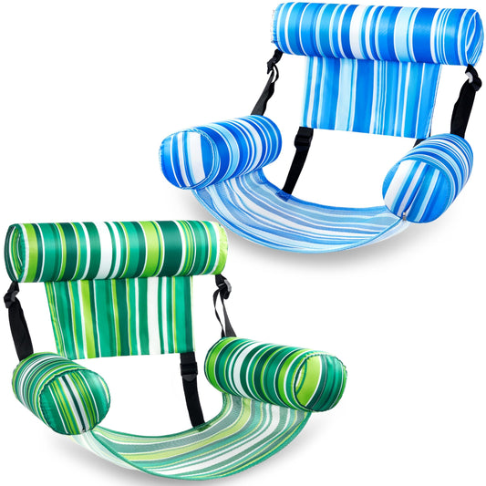 SLOOSH Inflatable Adult Pool Float, 2-Pack Floating Pool Rafts, Adult Inflatable Pool Noodles, Swim Chair for Parties, Summer, Water, Beach, Glow-in-the-Dark Stripes, Green, Blue