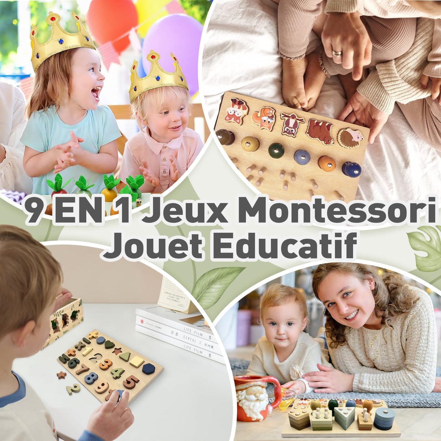 Montessori toy for 1 year and up, wooden activity cube with 9 functions, safari themed motor skills toy for 1, 2, and 3 year olds. Perfect gift for baby girls and boys aged 1-4 years.