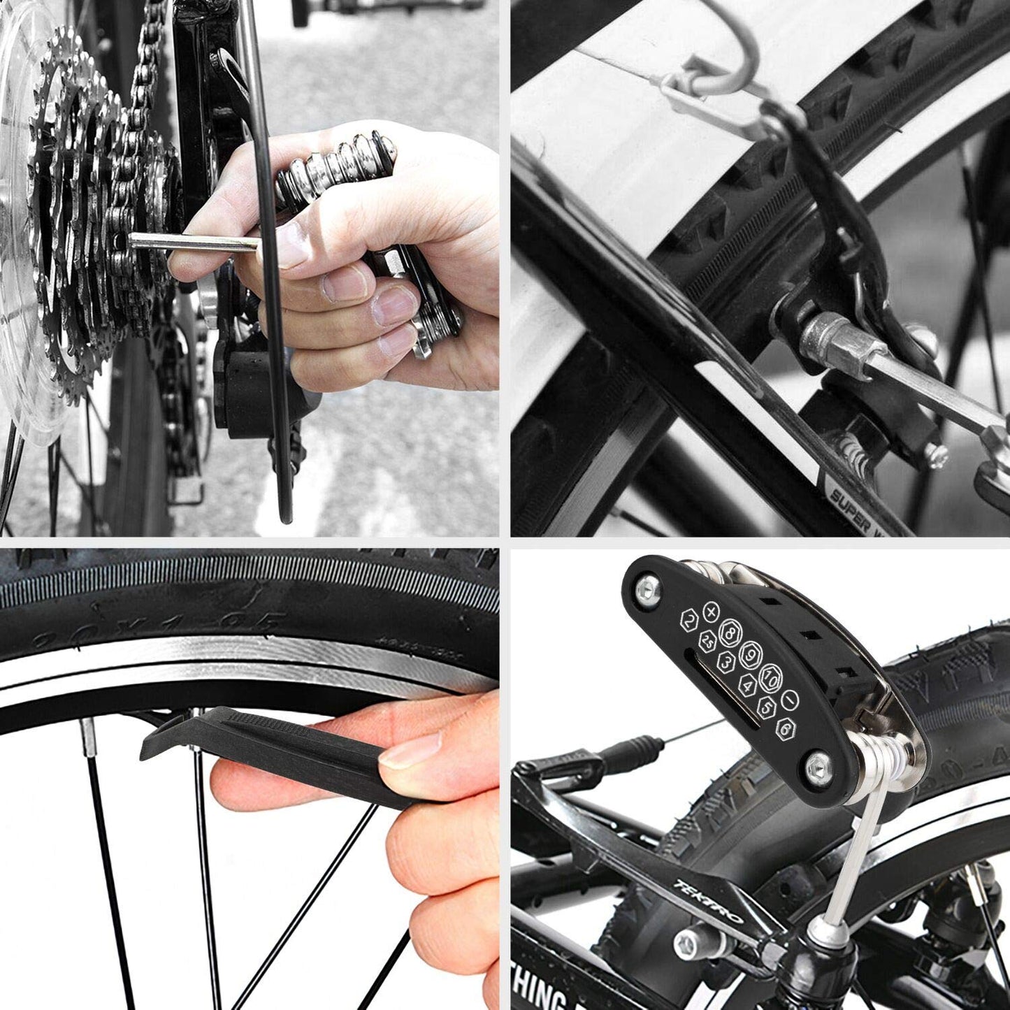 URBZUE Bike Repair Kit, 16-in-1 tool set for bicycle multitool kit. Multi-functional tool for mountain bike without bike symbol. Reflective strips included.