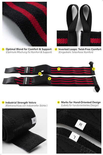 Fitgriff® wrist wraps + lifting straps (2 pack) - for strength training, fitness, bodybuilding, weightlifting, gym, powerlifting - for women and men (Black/Red)