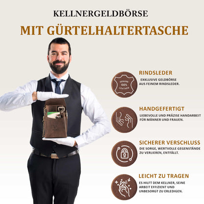 MATADOR waiter's purse leather #VICIO incl. XXL waiter bag with belt loop, luxury waiter wallet leather with elegant gift box and RFID protection incl. sturdy metal chain, Dark Brown
