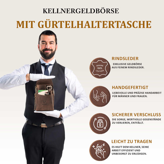 MATADOR waiter's purse leather #VICIO incl. XXL waiter bag with belt loop, luxury waiter wallet leather with elegant gift box and RFID protection incl. sturdy metal chain, Dark Brown