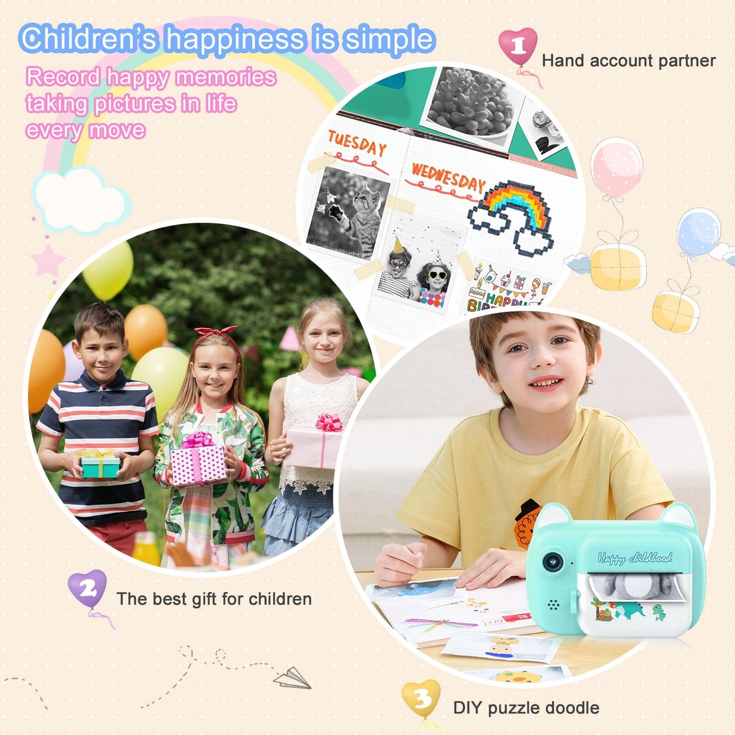 SUPBRO Kids Camera, Selfie Camera with 2.4-inch Big Screen 1080P HD Instant Print Camera 32GB Digital Camera for 3-12 Year Olds Birthday Gift