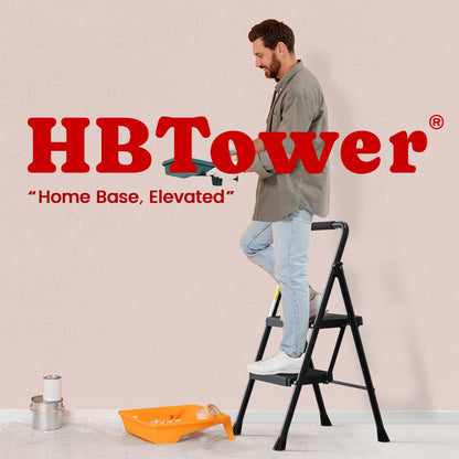 HBTower Folding Step Ladder with 2 Steps, Wide Anti-Slip Pedals, Portable up to 150 kg, Household ladder for Kitchen, Garage & DIY.