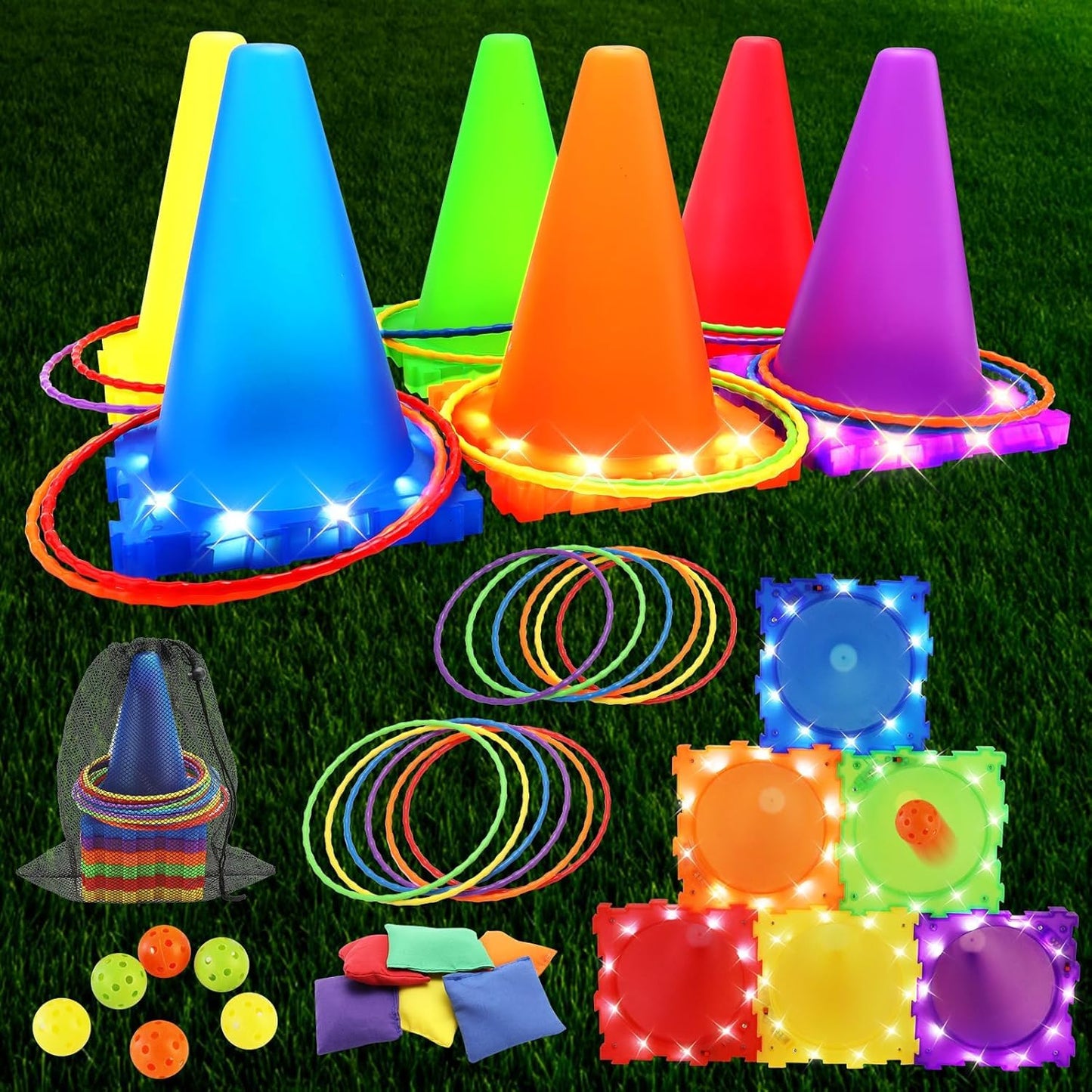 VATOS Light Up Throwing Games Outdoor Games Garden Games for Kids 3 4 5 6 years, Ball & Ring & Bean Bag Toss Game Set, Toss Game Garden Toy Games for Outside Outdoor Games Toy for Kids