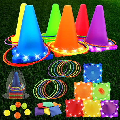 VATOS Light Up Throwing Games Outdoor Games Garden Games for Kids 3 4 5 6 years, Ball & Ring & Bean Bag Toss Game Set, Toss Game Garden Toy Games for Outside Outdoor Games Toy for Kids