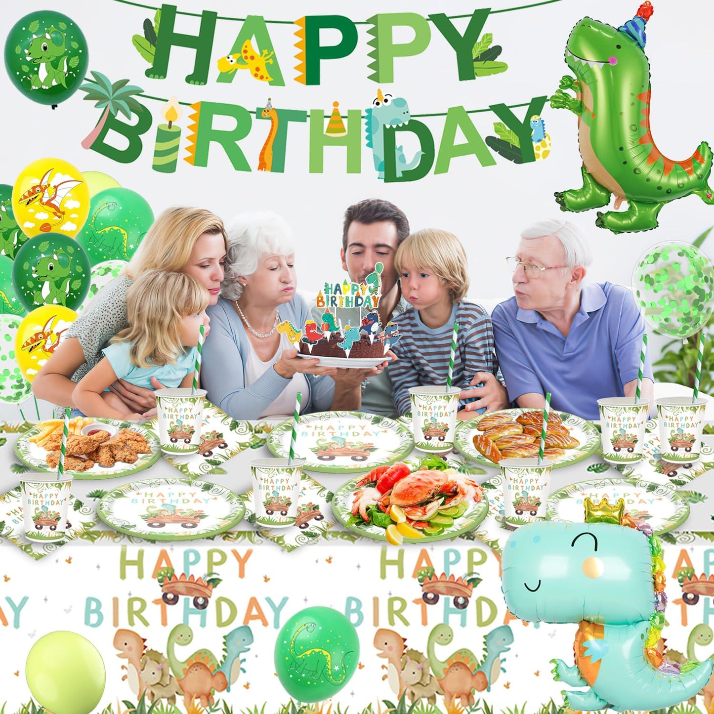 Dinosaur party tableware set, dino birthday decorations, dinosaur birthday tableware set, paper plates cups napkins straws tablecloth for party kids birthday decor boys girls 16 guests